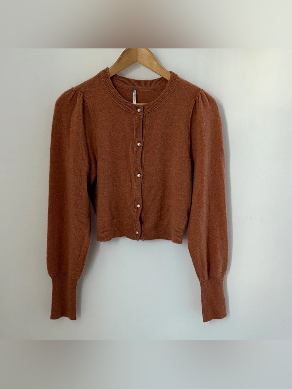 Free People Pearl Button Puff Sleeve 100% Cashmere Cardigan
